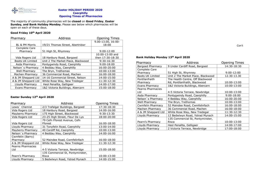 This is the Pharmacy rota for Caerphilly CBC (<a href="/AneurinBevanUHB/">Aneurin Bevan University Health Board</a> ) area for this Bank Holiday period. 

Please support our pharmacies who are working hard for us all at this very difficult time

Please be advised that these pharmacies will be providing a limited service only. 

SM