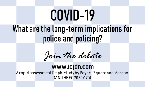 ICJDN2020's tweet photo. Calling all #police, #policing scholars and those #policingthepandemic. Participate in our rapid assessment Delphi survey on the longer term consequences of COVID19 for the CJS - by @DrAlexPiquero @A_W_Morgan and @DrPayneANU 

Share your expertise at: https://t.co/JmvVvRx1eA https://t.co/HGvQtNXb0N