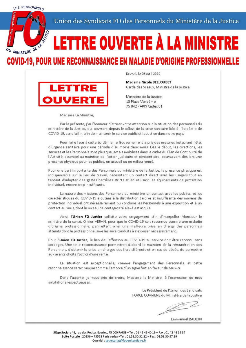🦠 Lettre Ouverte à la Ministre de la Justice : Covid-19, pour une reconnaissance en maladie d'origine professionnelle