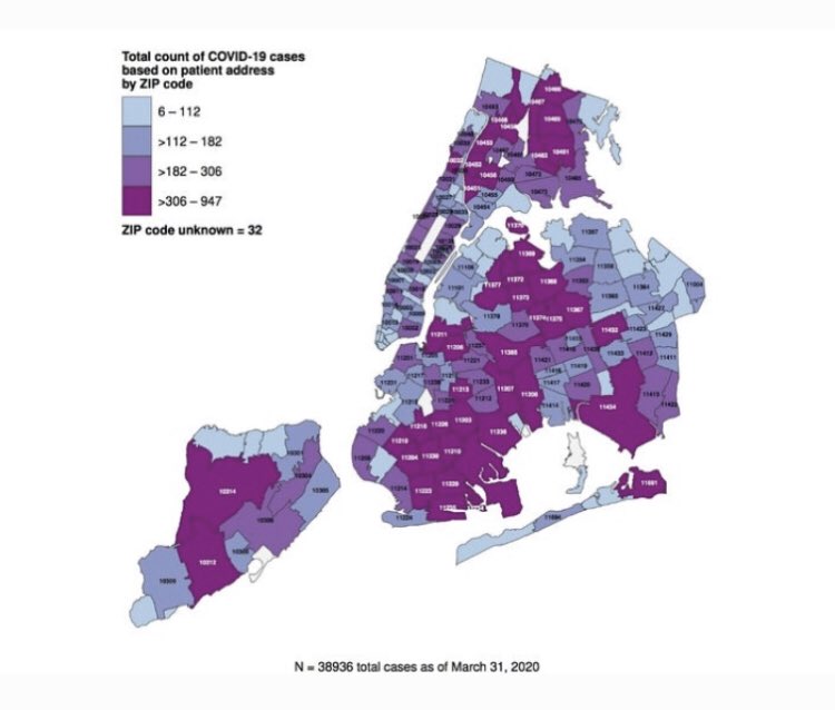 This heat map shows more diverse outer boroughs are precisly where cases are highest. My train line is comprised almost entirely of the darkest purple, from the Rockways to the East River...til you get to Manhattan.