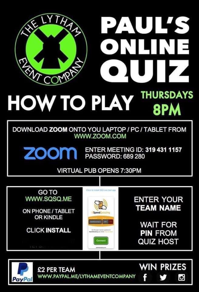 Checklist.
Zoom on laptop
Speedquizzing live on phone 
£2 entry paid
Drinks in fridge 
Snacks ready.

Online from 7:30pm
Quiz starts 8pm