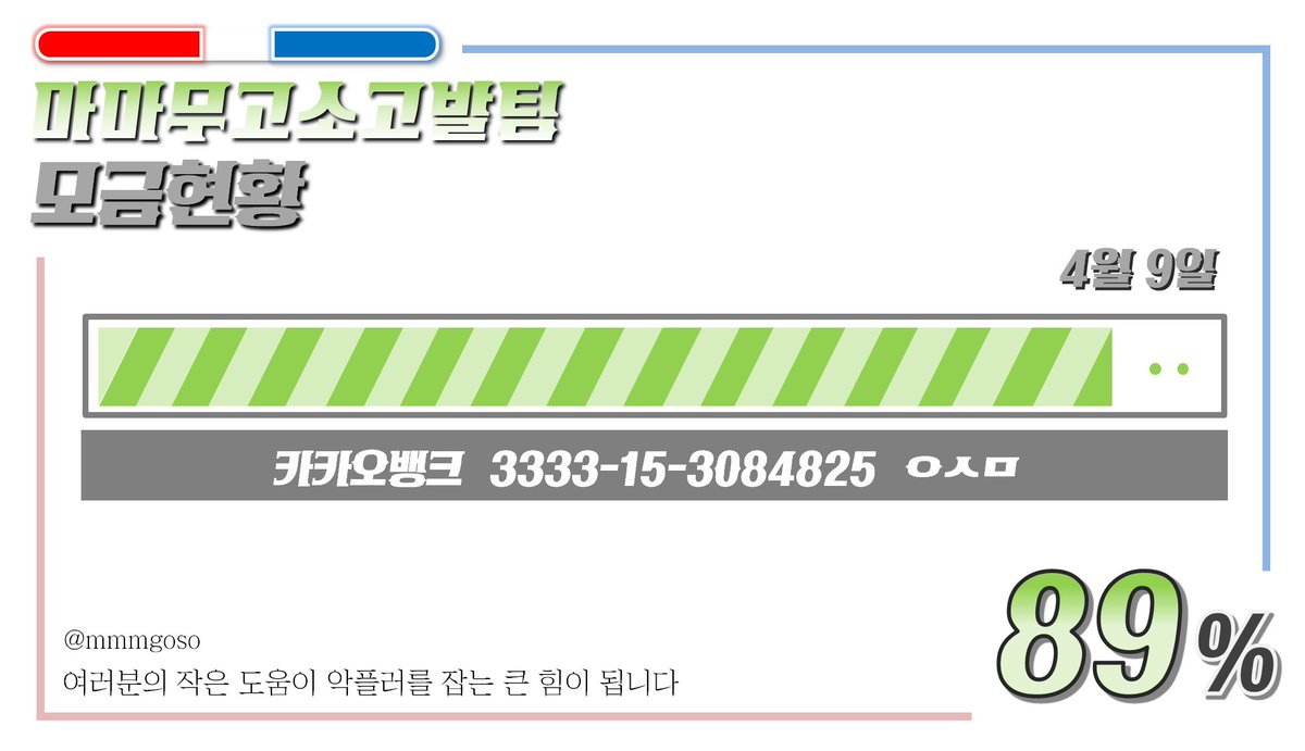 📣 4/9 현재 모금 진행상황을 알려드립니다

- 목표액의 89%를 달성하였습니다.
고발은 현재 진행중에 있습니다.
고발팀에 대한 허위사실 유포 또한 모니터링 중에 있으니 자제 부탁드립니다.
선처는 없습니다.
여러분의 작은 도움이 악플러를 잡는 큰 힘이 됩니다.