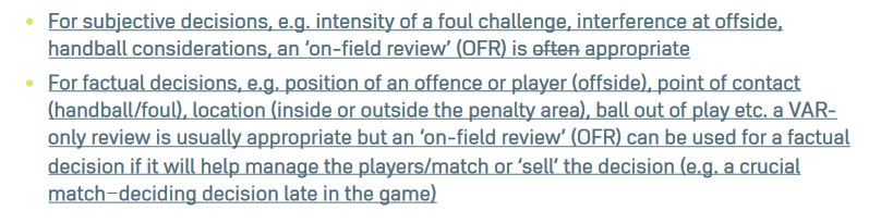 VAR protocol in the new Laws of the Game removes the word "often" in relation to an 'on-field review' (pitchside monitors), removing the ambiguity that allowed the Premier League to not use them and still be within VAR protocol.