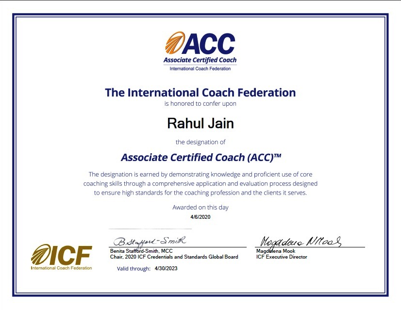 Pleasure to share my recent #certification certification as #ICF - Associate Certified #Coach Coach #ACC 
Thank you for contributing to my journey, special thanks to my seniors, mentors, family and friends
#coachingskills #coaching #certifiedcoach