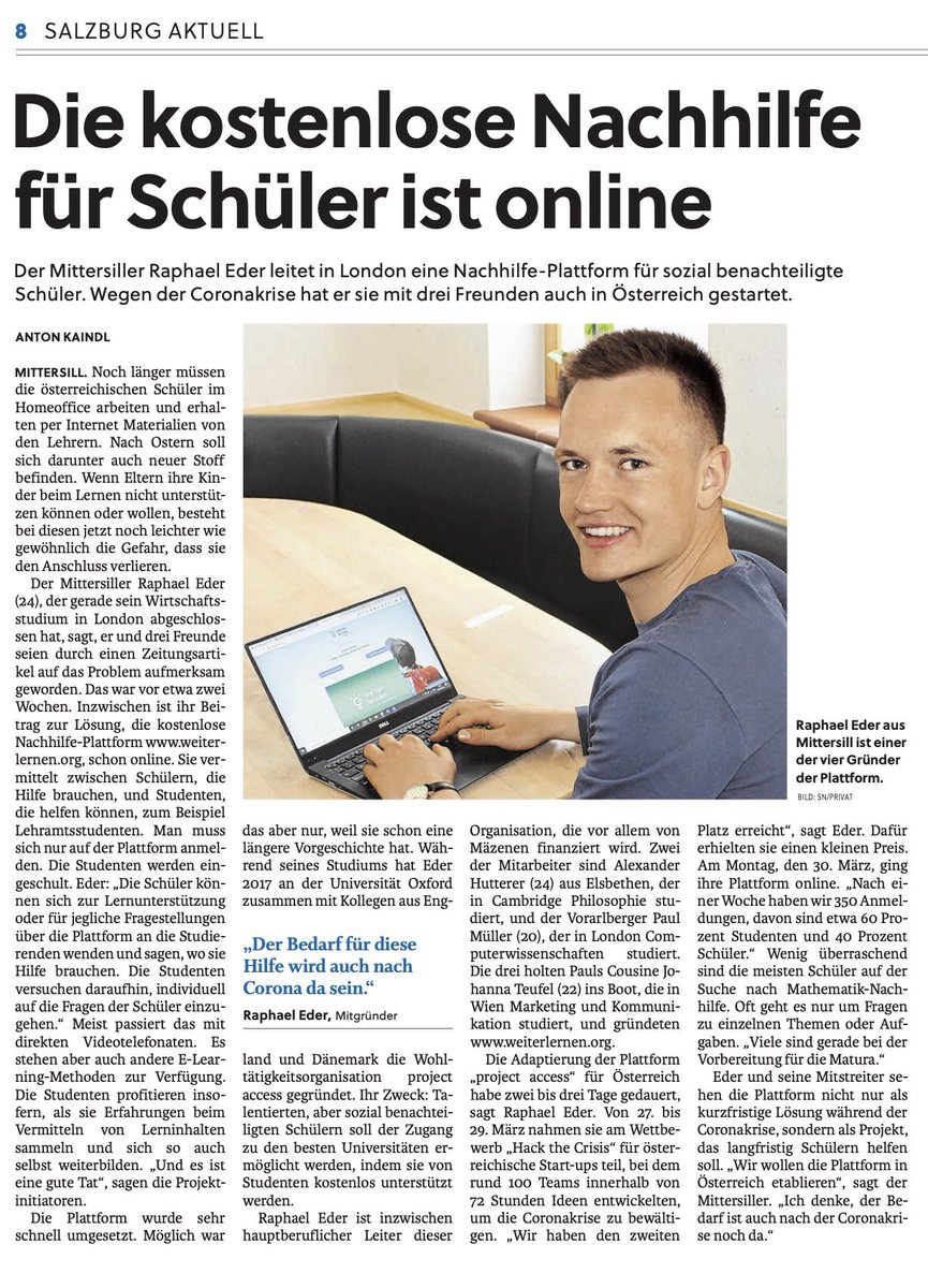 studyroomat's tweet photo. Raphael Eder hat mit den Salzburger Nachrichten gesprochen. Wir bedanken uns für den Beitrag! Denn nur gemeinsam können wir https://t.co/RV3JojHwXb bekannter machen und noch mehr Schüler_innen helfen. #weiterlernen #CoronaVirusAT https://t.co/r2lHVv7X2m
