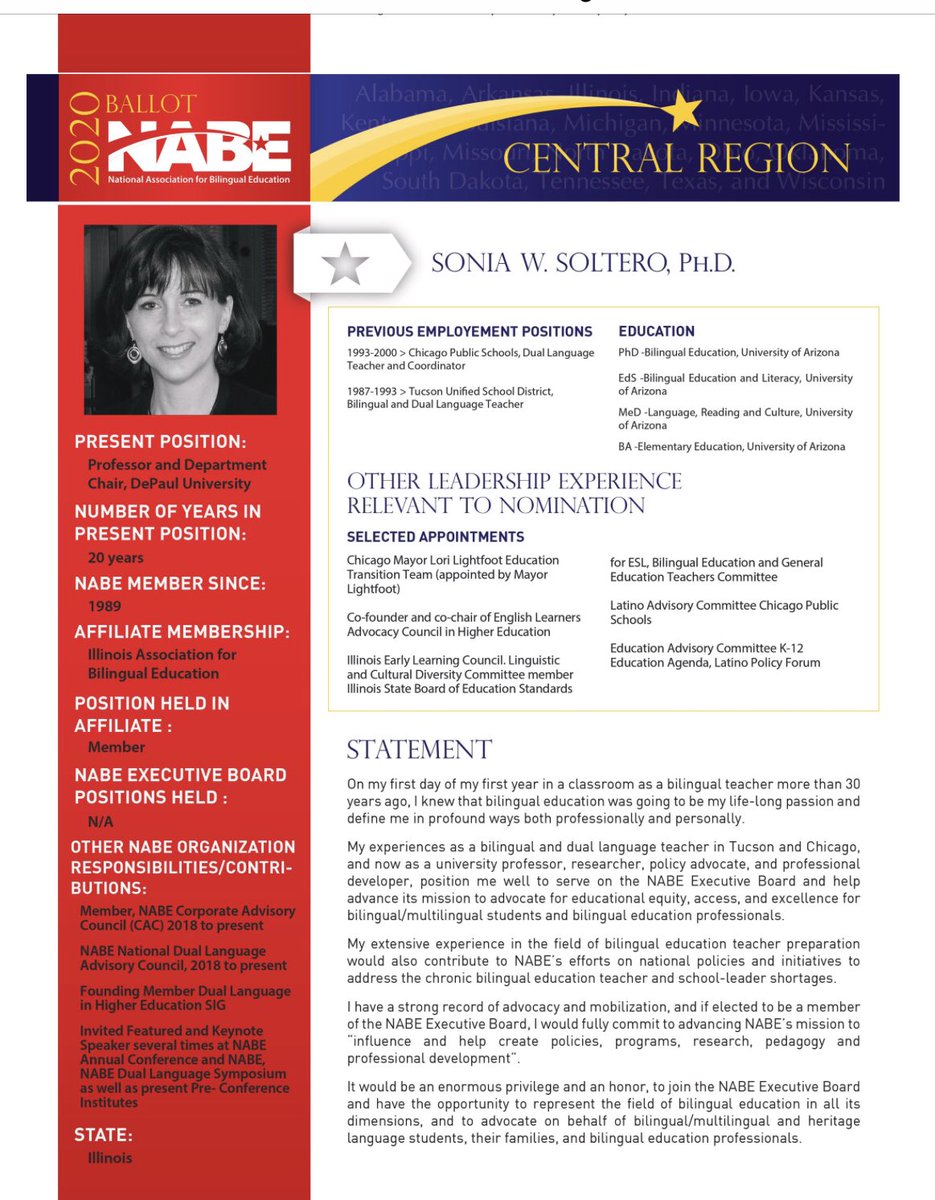 Hey bilingual education familia, I am running for NABE Board. 

Hoping you and your colleagues consider voting for me! 

Eager to serve to make a difference!

Online Elections May 1-8. 
May 1st, current NABE members will receive email with link to vote.

nabe.org/election