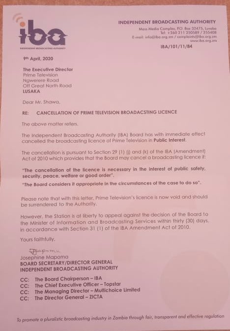 ssishuwa's tweet photo. In another blow to media freedom and freedom of expression in #Zambia, the Govt has cancelled the broadcasting licence of Prime TV, the leading independent television station. This is yet another example of how countries are manipulating #coronavirus to bury authoritarian abuse. https://t.co/qNCTZImRf9