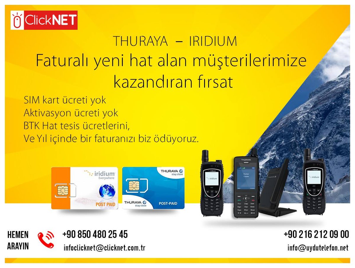 ClicknetTelekom's tweet photo. * Thuraya-Iridium ve Inmarsat faturalı hatlar için geçerlidir.

#clicknet #uydutelefon.net #uydutelefonu #uyduinternet #Thuraya #iridium #inmarsat https://t.co/Q4i1IqWfvk