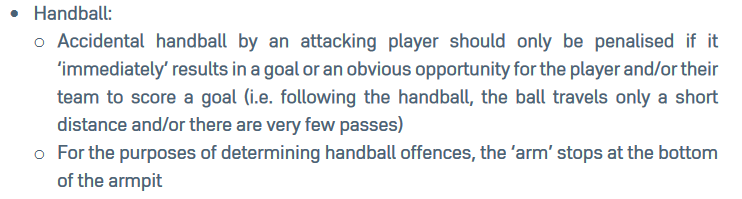 Attacking handball is clarified, though not changed, to say that the handball relating to the goal must be immediate.So it must be: Handball > goalORHandball > pass > goalORHandball > falls to teammate > pass > goal