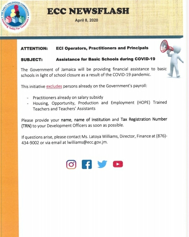 ECCJA's tweet photo. Good morning to our ECI Operators, Practitioners and Principals. The Governement of Jamaica will be assisting Basic Schools in light of school closure as a result of COVID-19. #12StandardsMatter @tkmsingh @karlenedesland1 https://t.co/esYWcmunjE