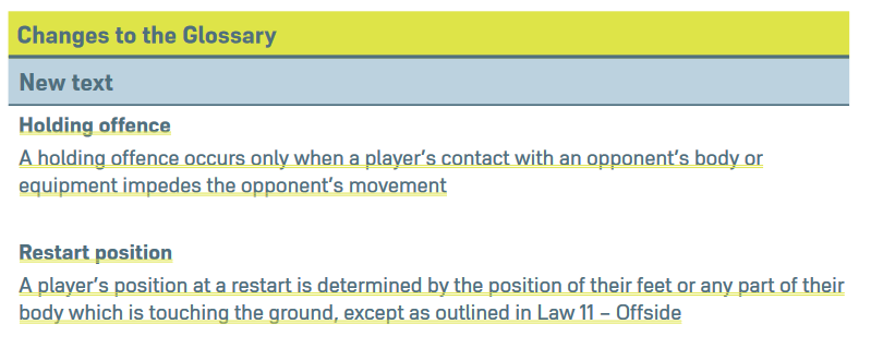 Lots of other minor ones, but this is interesting. Restart position is now defined in Law as the part of the body touching the ground, which is usually the feet. As such, it suggests that players stood on the edge of the box leaning in on a penalty are no longer encroaching.