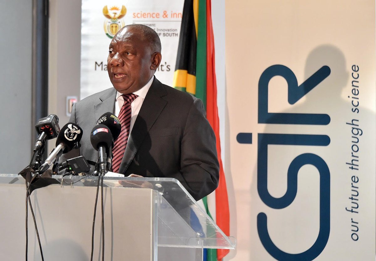 President <a href="/CyrilRamaphosa/">Cyril Ramaphosa 🇿🇦</a> at the #COVID19 Information Centre today: "As a nation, we should be proud that we have an institution like the #CSIR which is always trying to be ahead of the curve in terms of bringing the solutions for the nation to utilise." Great work, #TeamCSIR!