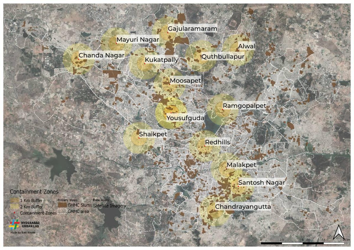 hulfoundation's tweet photo. We mapped govt identified #COVID19 hotspots in #Hyderabad, with 1-2 KM buffer zones, and bastis. The critical areas seem to be Malakpet-Santosh Nagar, Gajularamaram-Quthbullapur and Yousufguda. Give extra attention and care to info and requests from these areas. #CovidLockdown https://t.co/5q61TCJjdu
