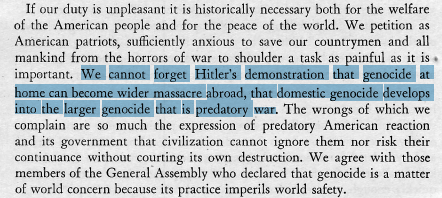 One thing I appreciate about Robeson (& other Black leftists' work from the 50s, reflected in We Charge), is the unmistakable clarity that white supremacist violence at home and imperialist violence abroad were inextricably linked. Not rhetorically or conceptually but materially.