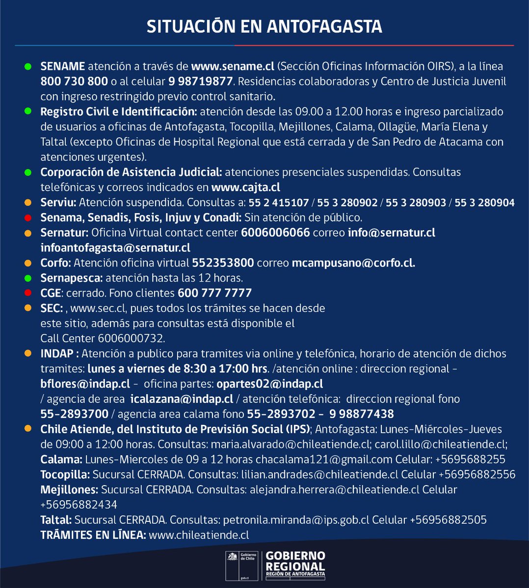 GOREAntofagasta's tweet photo. ⚠️ATENCIÓN⚠️
🔴Reporte actualizado del funcionamiento de los servicios públicos en la región✔️ Estaremos entregando información permanentemente en las RRSS📲💻 oficiales del Gobierno Regional #Twitter #Instagram #Facebook 
#PlanCoronavirus #CuidémonosEntreTodos
#GOREAntofagasta https://t.co/qpvHmlpidw