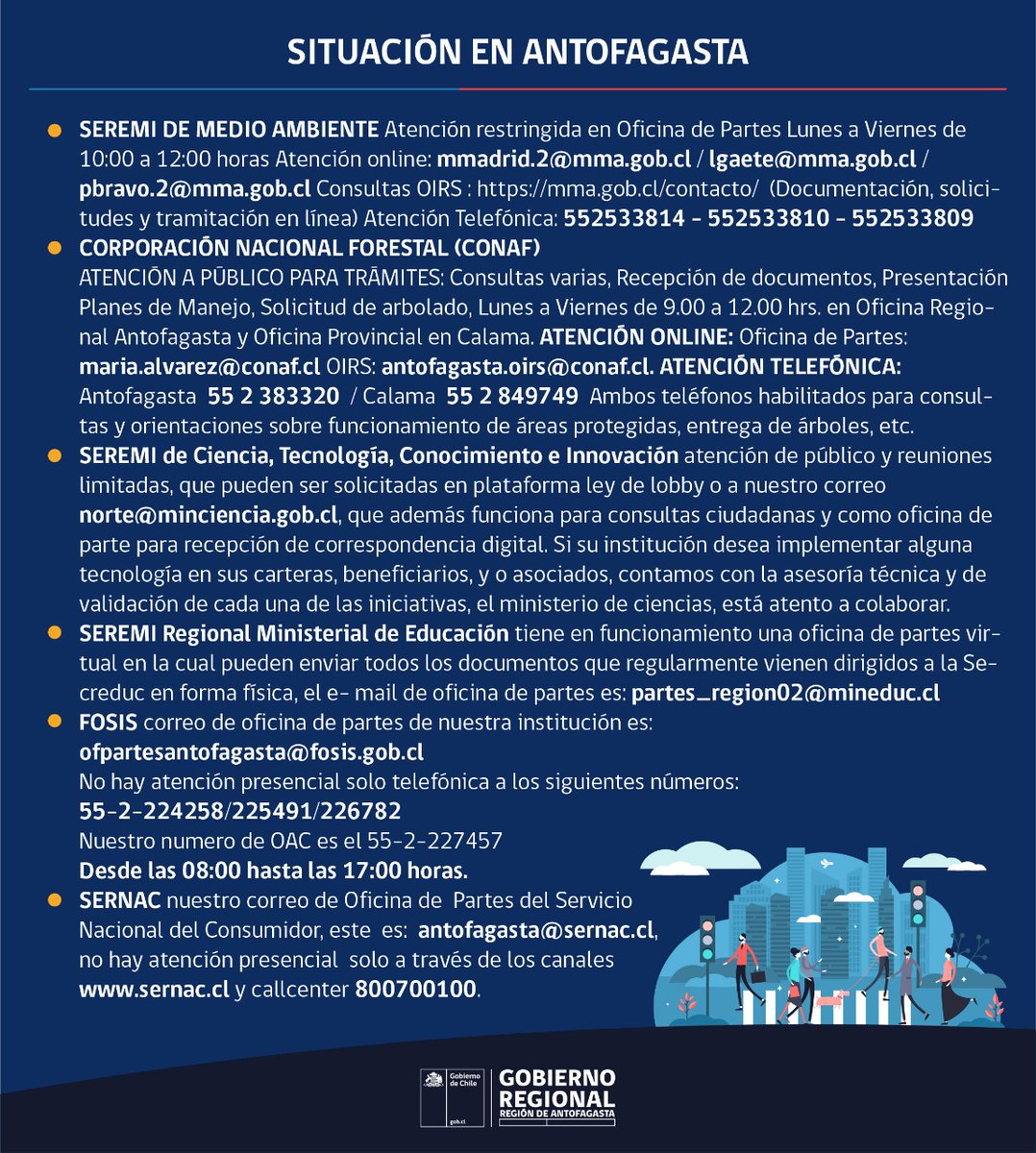 GOREAntofagasta's tweet photo. ⚠️ATENCIÓN⚠️
🔴Reporte actualizado del funcionamiento de los servicios públicos en la región✔️ Estaremos entregando información permanentemente en las RRSS📲💻 oficiales del Gobierno Regional #Twitter #Instagram #Facebook 
#PlanCoronavirus #CuidémonosEntreTodos
#GOREAntofagasta https://t.co/qpvHmlpidw