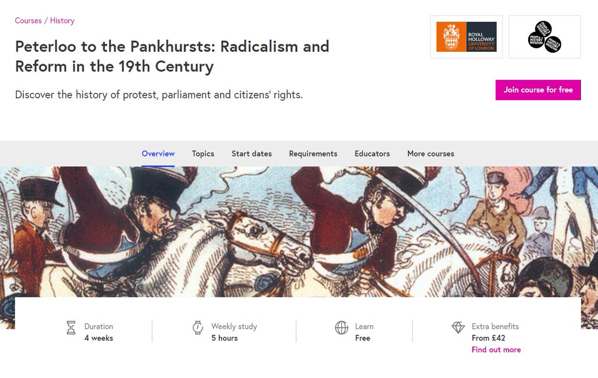 Our second course is 'Peterloo to the Pankhursts', developed with  @PHMMcr. This looks at the century long struggle for rights and representation in the nineteenth century, featuring content produced with  @UKParlArchives,  @HistParl and  @UkNatArchives |  https://www.futurelearn.com/courses/peterloo-to-the-pankhursts-radicalism-and-reform-in-the-nineteenth-century