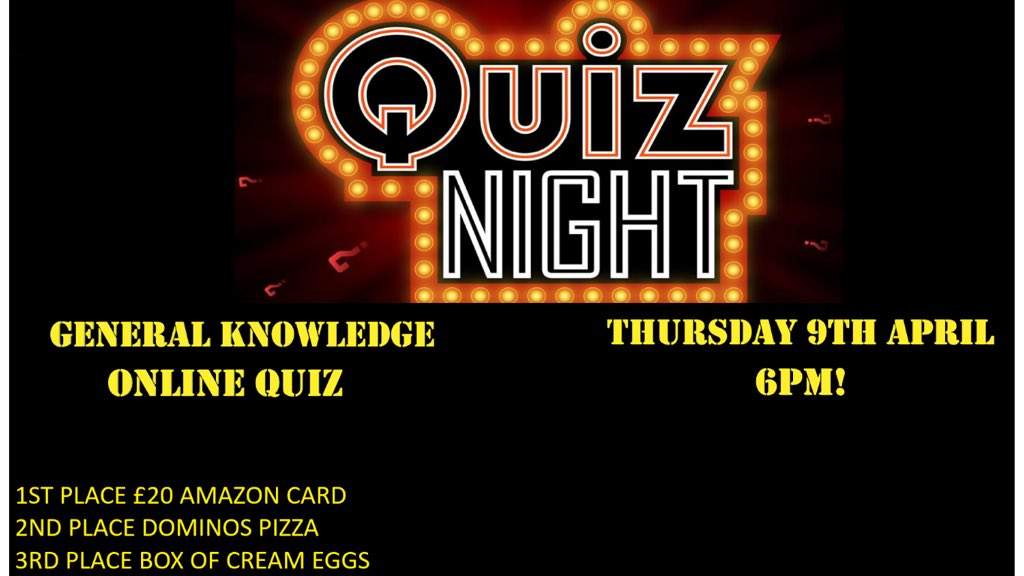 Tonight we are hosting an online quiz. There will be 3 prizes to give away so when you log in please use your full name so we know who you are To access the quiz:  myQuiz.org/i/078565  or go to myquiz.org&lt;myquiz.org&gt; and type the game code in 078565