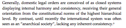 The int'l lawyer version is something like: "instead of all countries having final say about their rights & obligations (left), there are overriding norms that bind everyone (right). These govern things so imptnt that the fabric of int'l society would fall apart if disrespected."