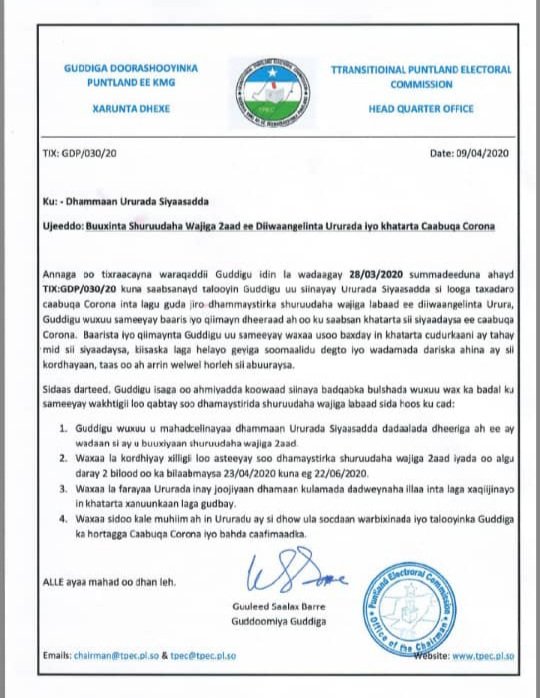 alihwarsame's tweet photo. Waxaan aad u soo dhoweynayaa go'aanka #Guddiga #Doorashooyinka #Puntland ee KMG #TPEC oo muddo 2 bilood ah dib u dhigey muddadii laga sugayey ururada siyaasadeed inay soo buuxiyaan #shuruudaha #Wejiga #2aad, sababo la xiriira xanuunka #COVID19. @TPECPuntland @SomaliaPdrc @PUNSAA5 https://t.co/JpvWVCiiHT