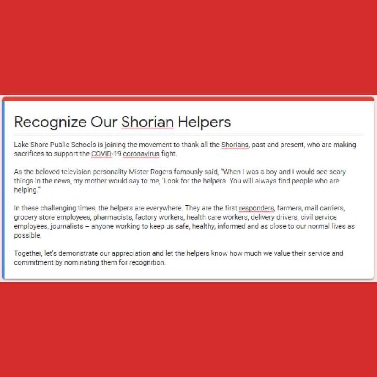 Shorian On the Frontlines! Help us #celebrate our <a href="/myLSPS/">Lake Shore Public Schools</a> alumni on the frontlines by sharing their name and photo here: 
Recognize Shorian Helpers: forms.gle/m74SUHpLzsAW4L…