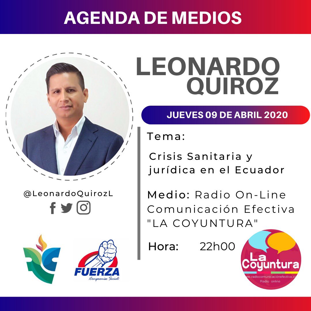 LeonardoQuirozL's tweet photo. #FelizJueves | #IdeasConPoder
Acompáñame hoy a las 22h00, en el programa La Coyuntura - Radio On-Line Comunicación Efectiva:
"La Crisis Sanitaria y Jurídica en el Ecuador"
https://t.co/EL8QrCVs28
@CompromisoRC @MashiRafael @Sandinin @PaolaPabonC https://t.co/oFsoALjQiB