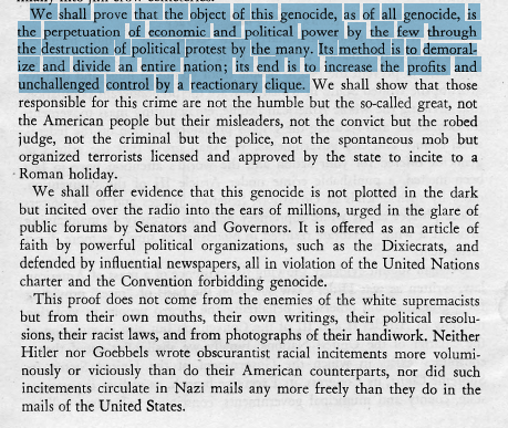 The CRC in We Charge Genocide was saying something different: they were saying vigilante+state violence (screenshot 1) and economic violence (screenshot 2) was *necessarily and always* linked to imperialist expansion (screenshots 3 & 4), here referred to as "exporting" genocide.