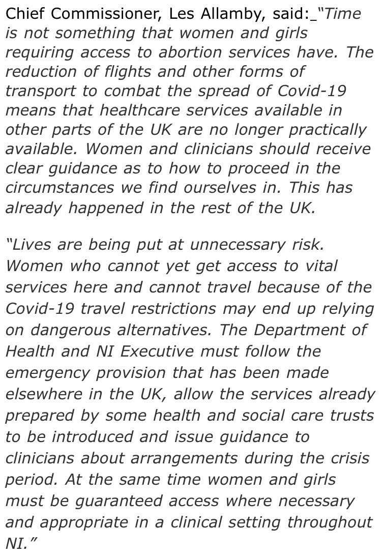  @NIHRC has advised  @healthdpt and  @niexecutive to take immediate steps to ensure that women and girls have access to termination of pregnancy services. ‘Time is not what women and girls have.’