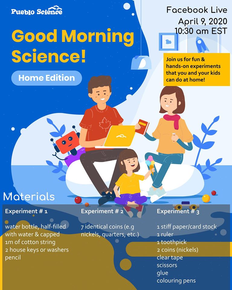puebloscience's tweet photo. Going #LIVE in 20min for yet another #GoodMorningScience #HomeEdition with fun #STEAM activities to make sure you can do #ScienceAtHome when you #StayAtHome. Join us at 10:30am EST on our FB page: https://t.co/xQarwCzbka https://t.co/7ZZuMFU9UI