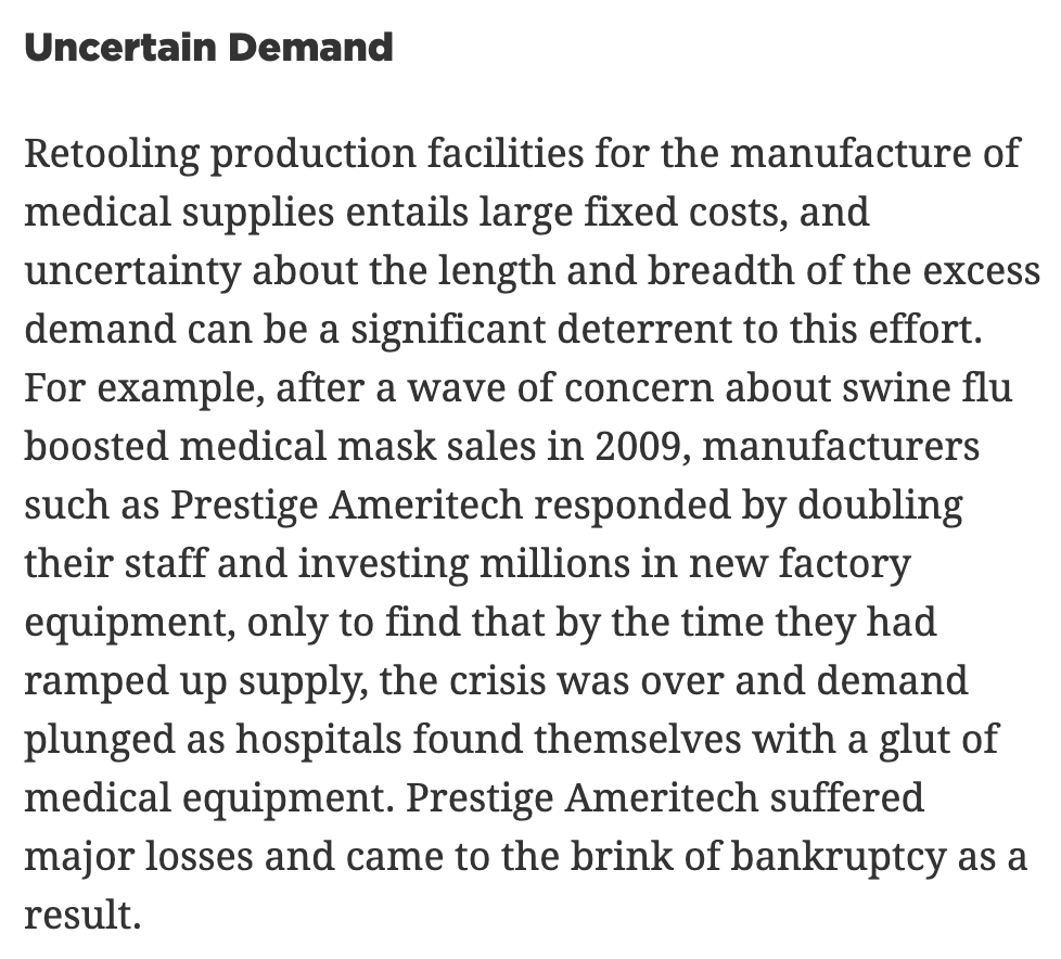 4/ First, use Title III of the DPA to make massive purchase guarantees (i.e., commit to buying huge amounts of product over a period of time).This would alleviate demand uncertainty, create positive spillovers from more people wearing masks, and respond with a "speed premium."