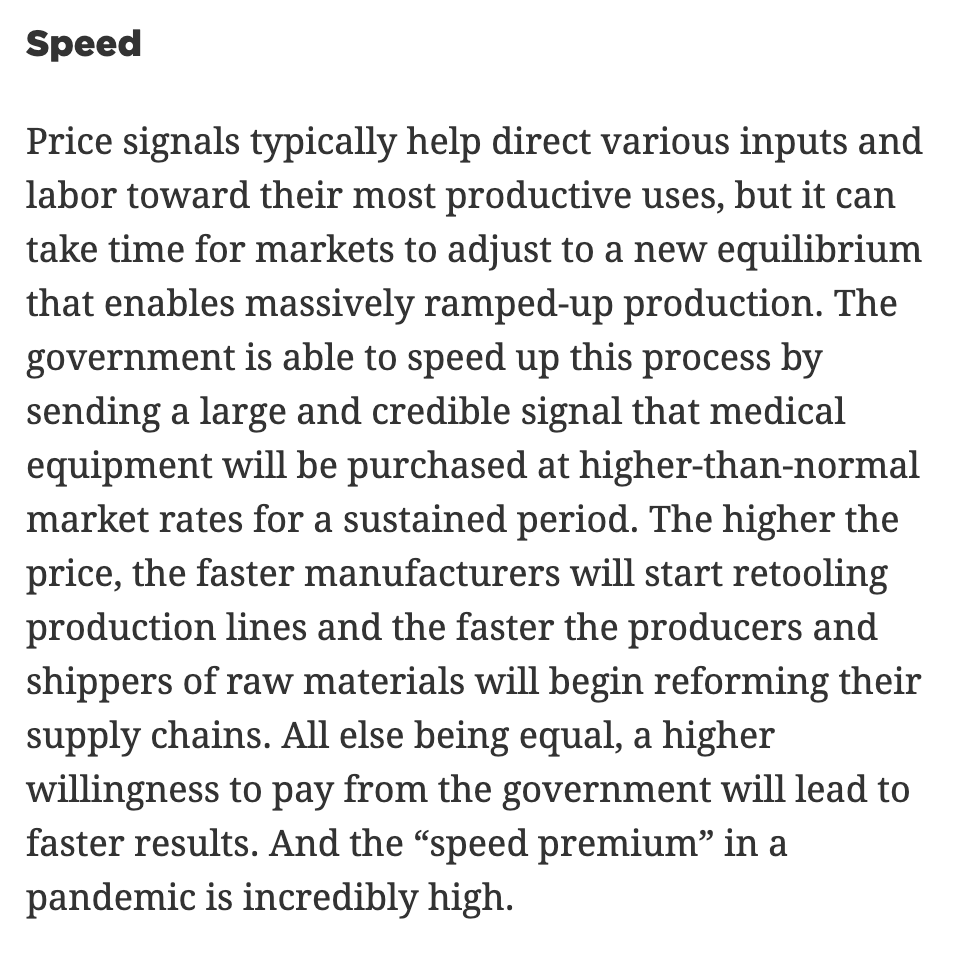 4/ First, use Title III of the DPA to make massive purchase guarantees (i.e., commit to buying huge amounts of product over a period of time).This would alleviate demand uncertainty, create positive spillovers from more people wearing masks, and respond with a "speed premium."