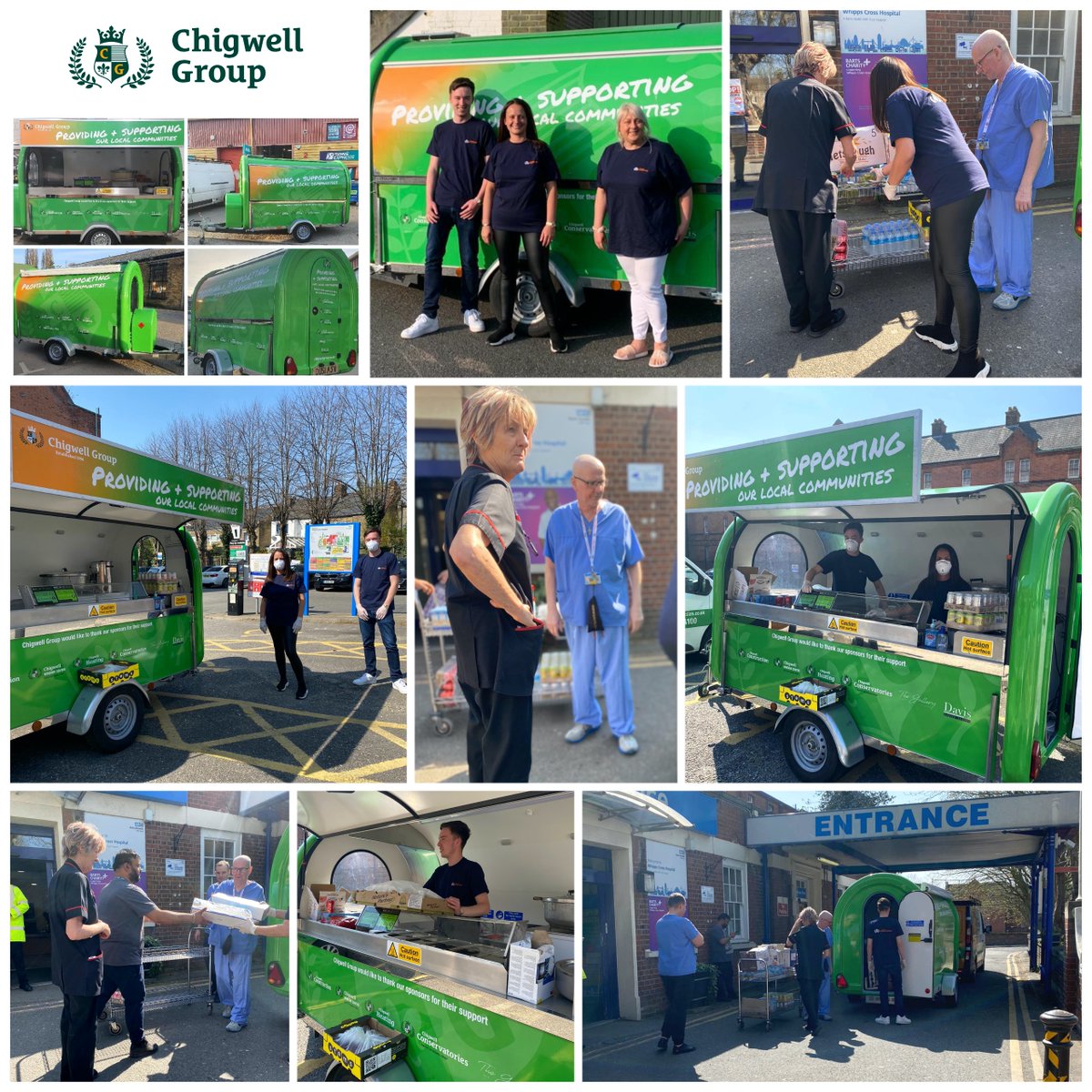 Chigwell Group's "cater pod" has been out and about today delivering free &amp; much needed and welcome nutritious food &amp; hot &amp; cold drinks to some of our hard working NHS staff. Melissa, James and Cleo are pictured here outside Whipps X hospital in Leystonstone.#CoronavirusOutbreak