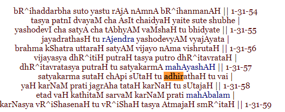 Myth 1: Karna was an untouchable and of lower caste.Truth: Suta is an inter caste child born of kshatriya father and brahmin mother, Adhirath was friend of Dhritrastra and younger brother of King of Anga.Pic 1: Lineage of AdhirathPic 2: Adhirath was a friend of Dhritrastra