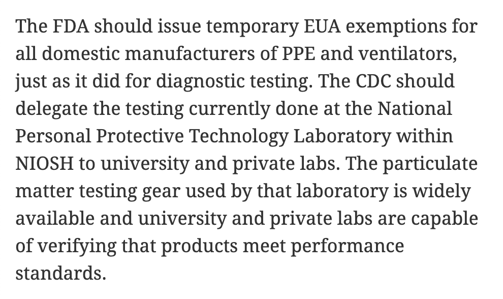 8/ One of the major barriers to bringing a new PPE factory online is receiving certification from the National Personal Protective Technology Laboratory (NPPTL) at the CDC.Instead, the CDC should delegate product testing to university and private labs to expedite this process.