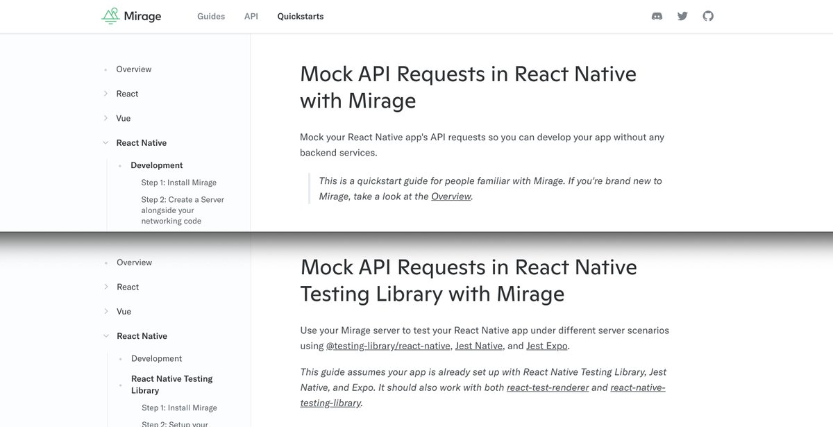📱 We just published two new React Native quickstarts for <a href="/MirageJS/">Mirage JS</a>!

Some recent improvements have made it easier than ever to develop and test your <a href="/reactnative/">React Native</a> app – even if your API doesn't exist yet.

Check out the guides here 👉 miragejs.com/quickstarts/re…