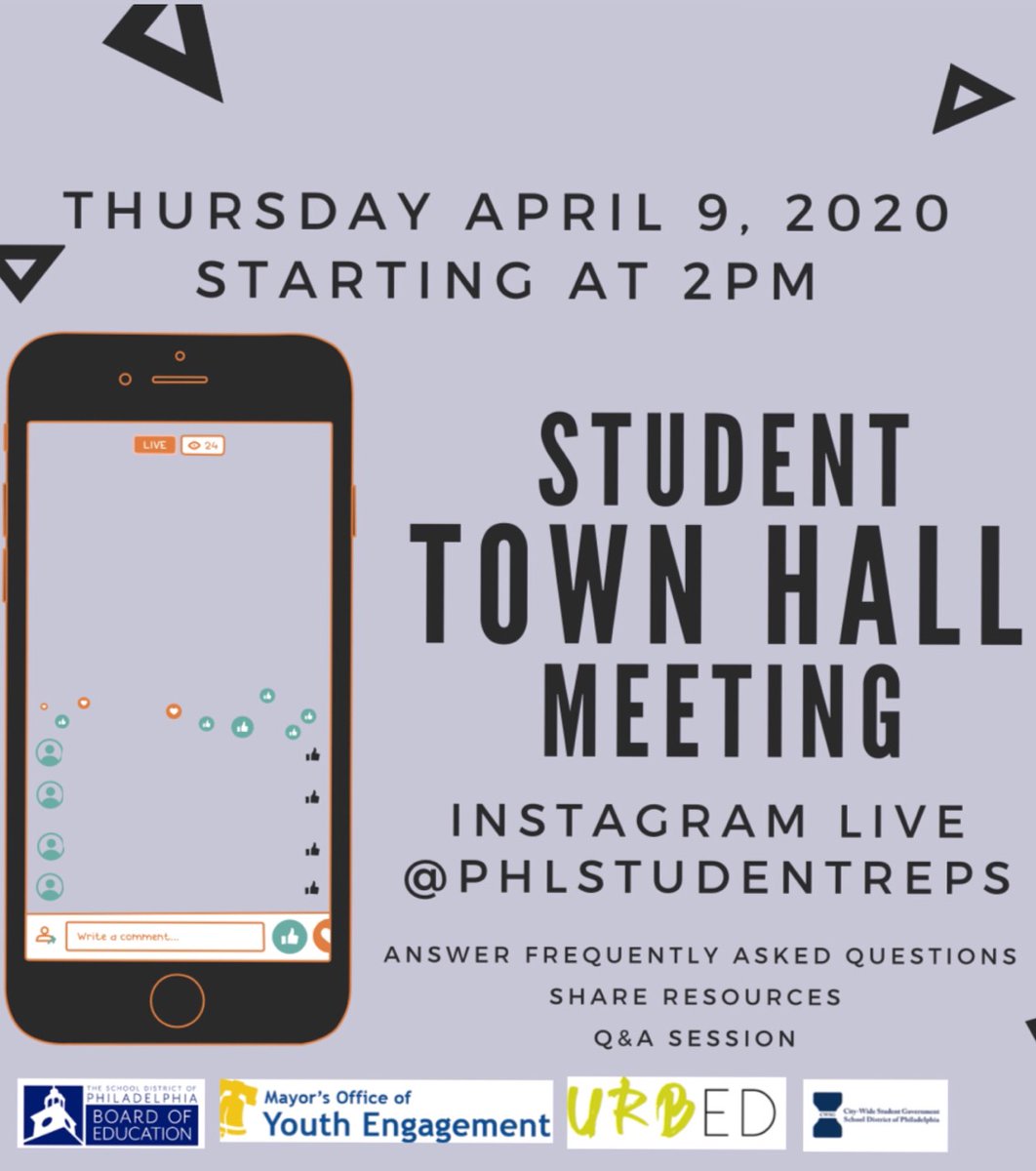 Philadelphia Schools (@phlschools) on Twitter photo The Districtâs <a href="/PHLStudentReps/">Philly Student Board Reps</a> in partnership with the
<a href="/PHLYouth/">Mayorâs Office of Youth Engagement</a>, <a href="/urbedadvocates/">UrbEd</a> and <a href="/CWSG_Phila/">City-Wide Student Government</a>
will be hosting a Student Town Hall today Thursday, April 9, 2-3pm on Instagram Live. Tune in at: instagram.com/phlstudentreps The Districtâs <a href="/PHLStudentReps/">Philly Student Board Reps</a> in partnership with the
<a href="/PHLYouth/">Mayorâs Office of Youth Engagement</a>, <a href="/urbedadvocates/">UrbEd</a> and <a href="/CWSG_Phila/">City-Wide Student Government</a>
will be hosting a Student Town Hall today Thursday, April 9, 2-3pm on Instagram Live. Tune in at: instagram.com/phlstudentreps