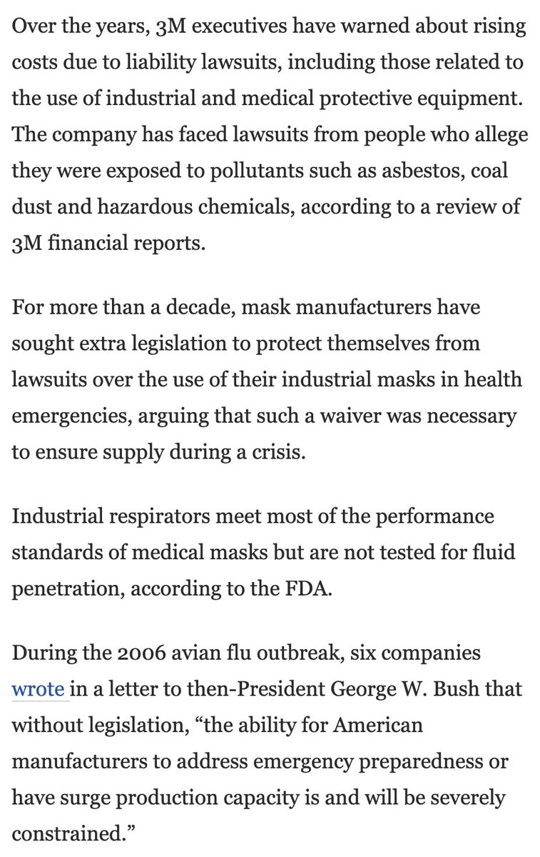 6/ Fear of lawsuits is currently a huge impediment to production. Use Title VII of the DPA to waive antitrust liability for private firms that are coordinating to produce essential goods.And Congress should waive product liability for manufacturers. https://www.washingtonpost.com/politics/inside-americas-mask-crunch-a-slow-government-reaction-and-an-industry-wary-of-liability/2020/04/02/b3155e2a-6f85-11ea-aa80-c2470c6b2034_story.html