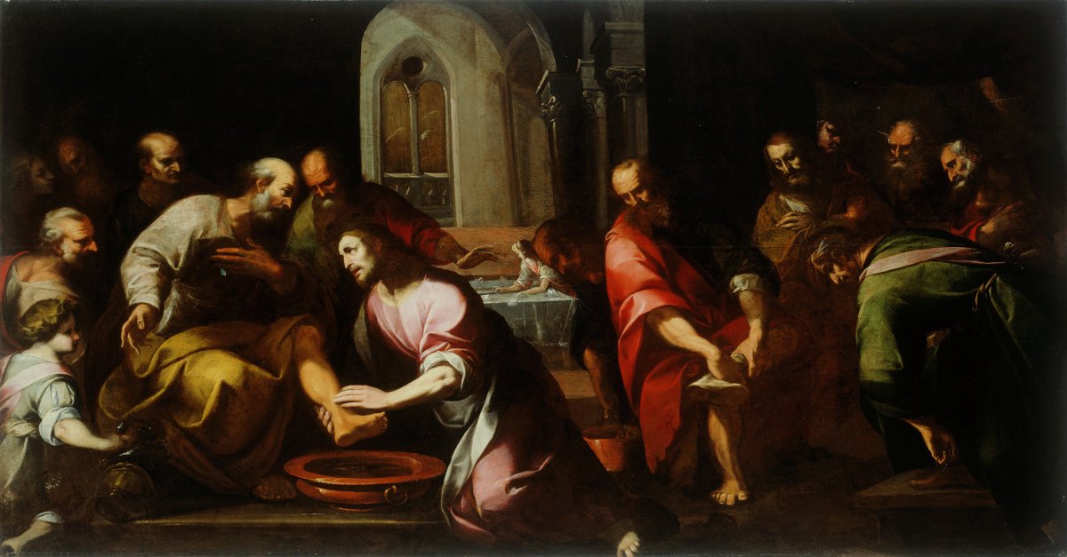 At six o'clock in the evening. Jesus enters into the Cenacle, to make there the Pasch and to wash the feet of his apostles, and even of Judas.