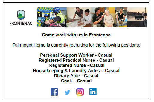 FrontenacCounty's tweet photo. Come work for us at #FairmountHome, our long-term care home. We are recruiting for multiple positions.
For details on all available opportunities and how to apply visit our careers section at https://t.co/0XO2HpZkDe
#FrontenacRecruits https://t.co/4a6fjjh5bY