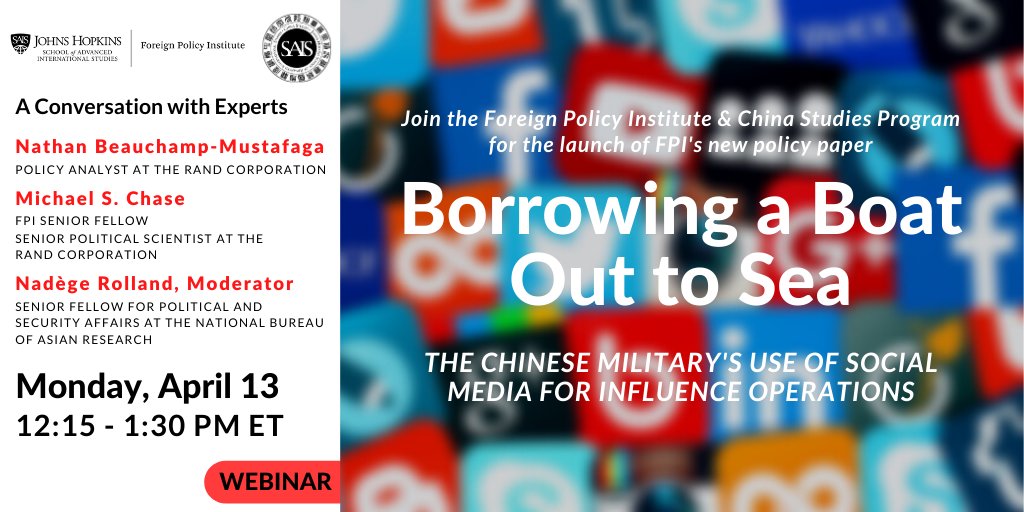 FPI_SAIS's tweet image. Join us for a #webinar on the launch of our newest report “Borrowing a Boat Out to Sea: The Chinese Military’s Use of Social Media for Influence Operations”.

🗓️ Monday, April 13 | 12:15 p.m. ET
🔗to Register ow.ly/HZBj50z9Yui