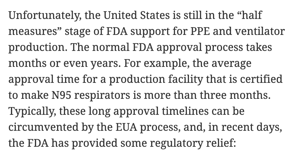 7/ It takes more than three months to certify a new N95 mask factory.We don’t have that kind of time.Instead, the FDA should issue temporary exemptions from the emergency use authorization (EUA) req. for domestic manufacturers (just as it did for diagnostic testing in March).