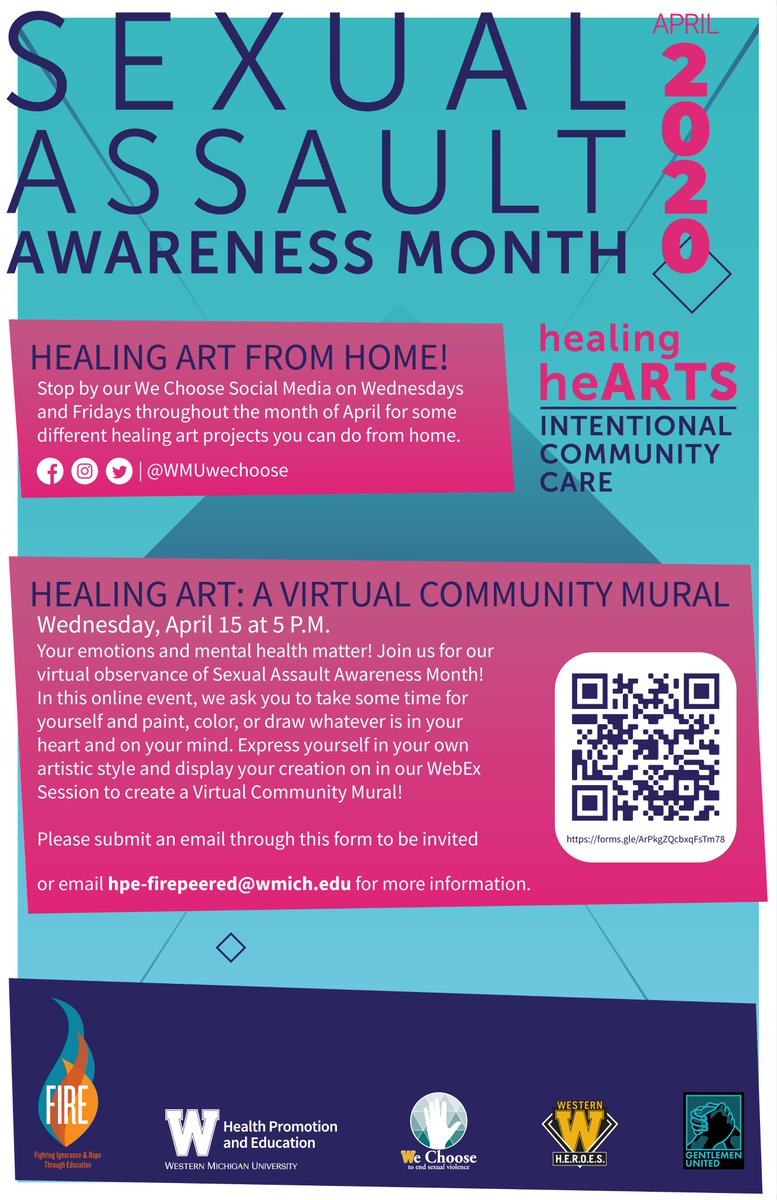 WMUwechoose's tweet image. Join us in our online observance of Sexual Assault Awareness Month. This year our theme is healing heARTS: intentional community care. When choosing this theme we could not have imagined the amplified importance of these words. Check out this graphic for more info! #WeChoose