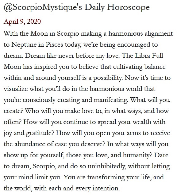 ScorpioMystique's tweet photo. #SMscope 4.9.20 ♏️❤️✨ #TeamScorpio #Horoscope #Astrology 🦂 #ScorpioMystique https://t.co/z7Gal1cgBp