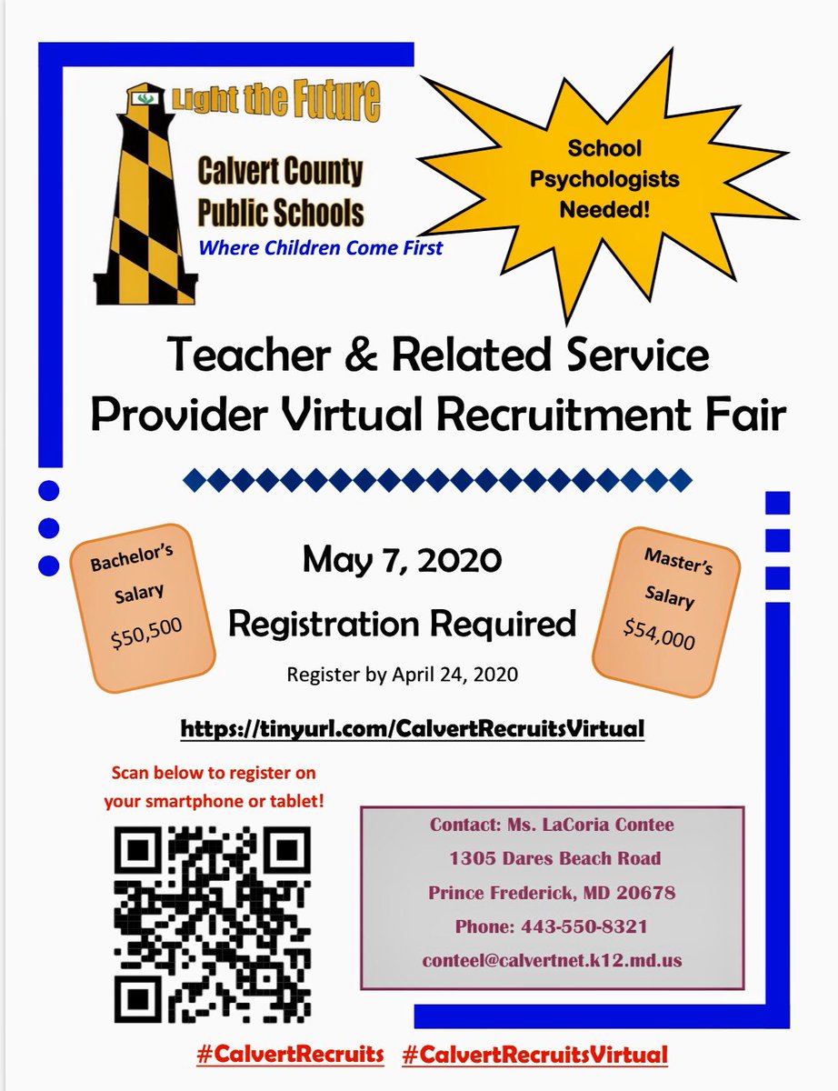 Calvert County is looking for exceptional educators, school psychologists and other related service providers to join our team! Register for our virtual recruitment fair today! #CalvertRecruits #CalvertRecruitsVirtual