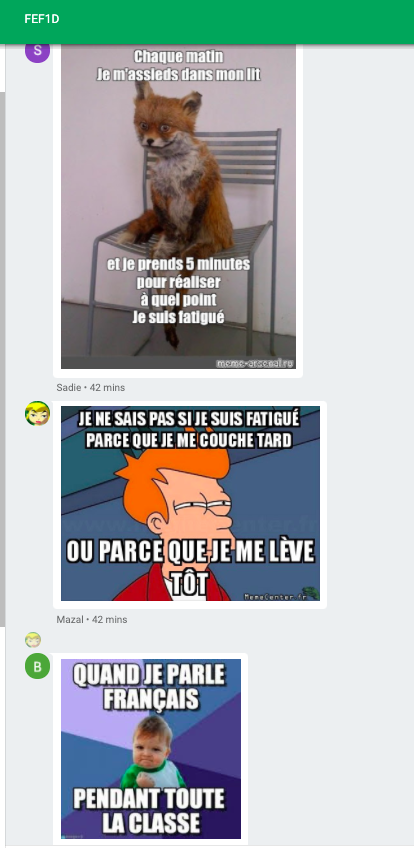 DerekDoucet1's tweet photo. Today we had Ss share French memes as a way to check-in initially. What a great way to build #idiomatic language! #LearningWithLakefield #remotelearning #LCSLearns https://t.co/k0blYzoM8l
