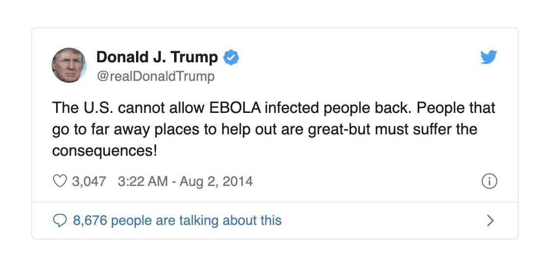 Memory refresh #04Remember Ebola? Same debate. Trump vs. WHO. Closing Borders ("toilet paper culture in global trade") vs. Open BordersMaybe WHO was "bought off" also by Liberia, Sierra Leone & Guinea. Right?