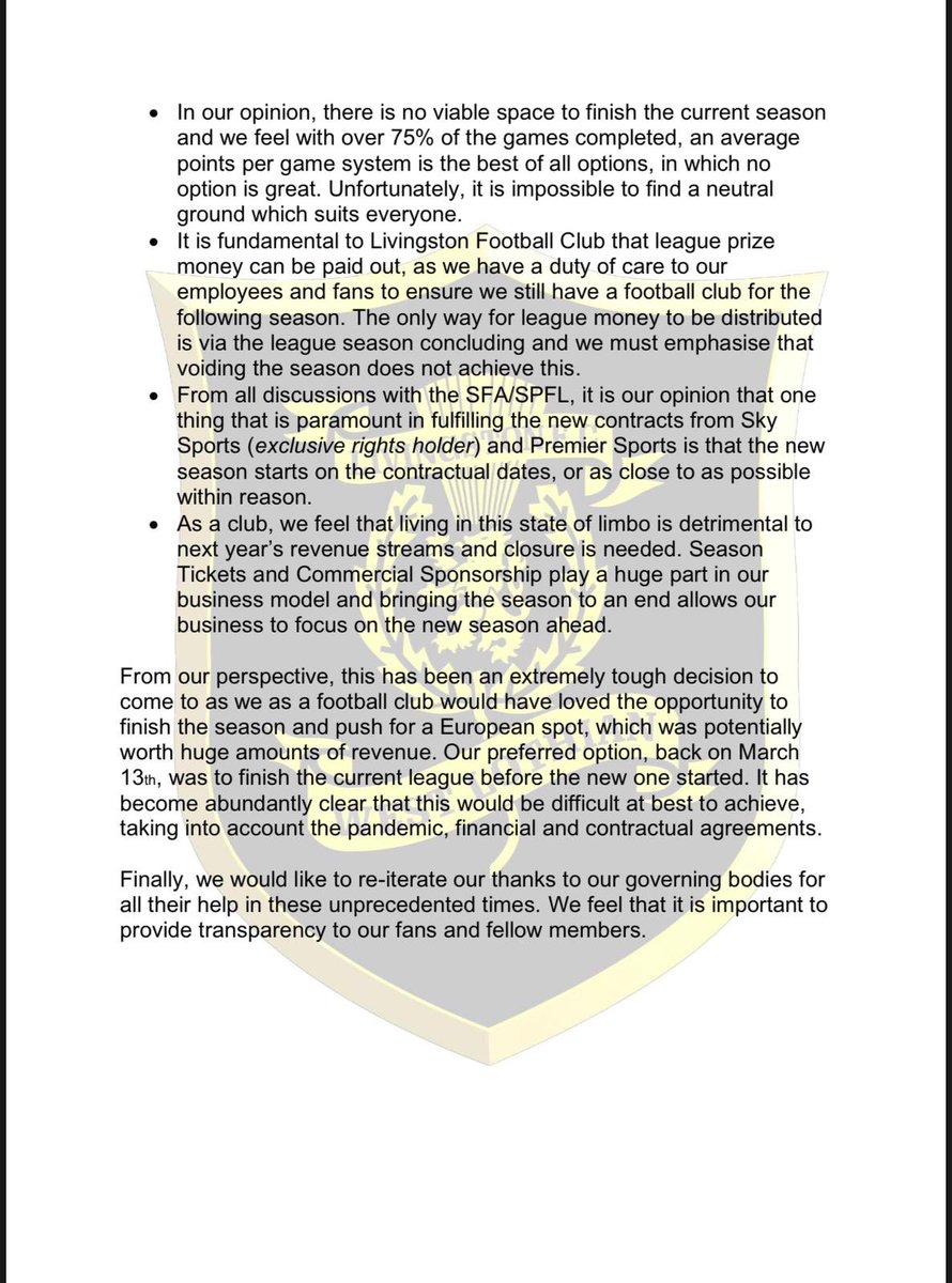 | Following on from yesterday’s announcement from the  @spfl, we wanted to provide our fans with an update on our own position on this.See below.