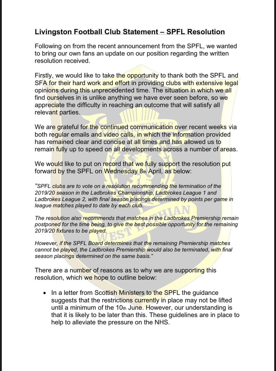 | Following on from yesterday’s announcement from the  @spfl, we wanted to provide our fans with an update on our own position on this.See below.