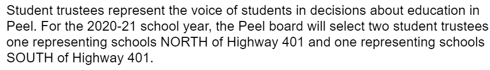It's time to elect Student Trustees for the 2020-21 school year!

Go to peelschools.org/studenttrustees and review candidates that want to represent YOU!

Stay tuned for more info about Voting and Election Day!