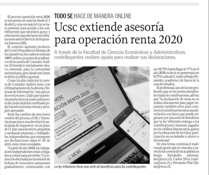 Académicos de Contador Auditor de FACEA UCSC, asesoran on line, a la comunidad, en proceso #OperacionRenta2020. 
<a href="/ucscconcepcion/">UCSC Concepción</a>
<a href="/RobertaLama/">Roberta Lama Bedwell</a> <a href="/cmelladoc/">Cristhian Mellado</a> <a href="/srtilleria/">srtilleria</a> <a href="/Sandraibanez/">Sandra Ibáñez H.</a> <a href="/PostgradosUCSC/">Postgrados UCSC</a> @cguzmancofre <a href="/SII_Chile/">SII</a> <a href="/elsurcl/">Diario El Sur</a>